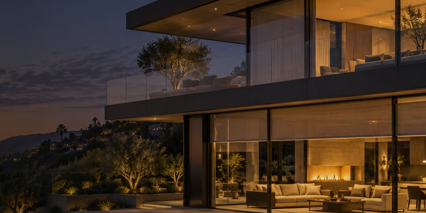 A hillside home at dusk, its rooms and garden softly lit