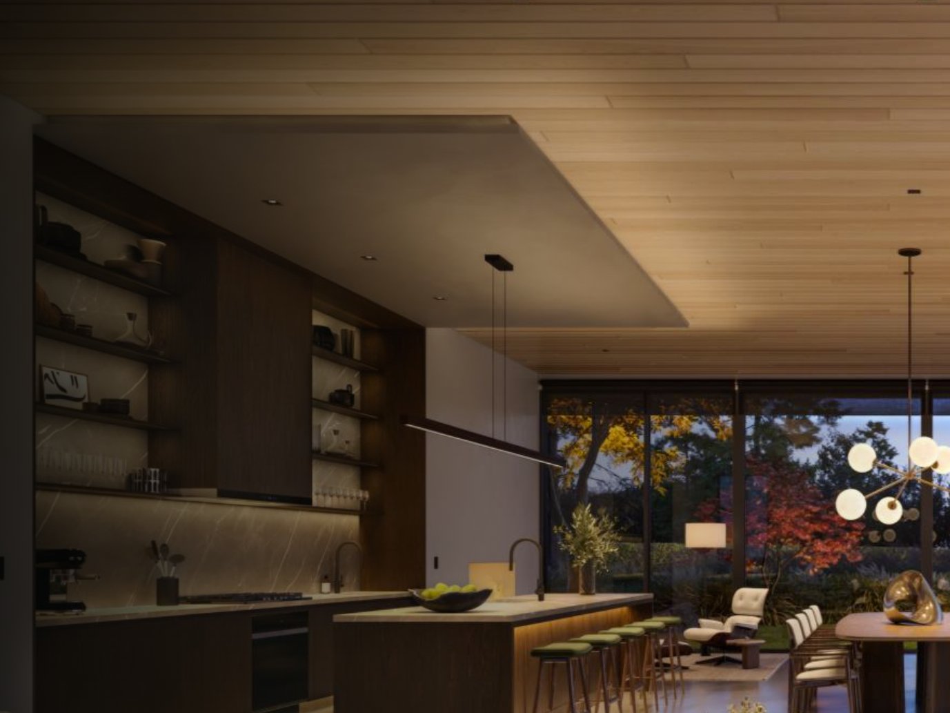 Kitchen and dining room under warm Ketra lighting