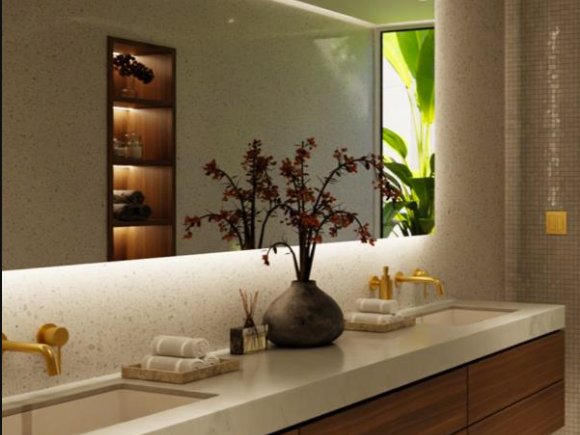Bathroom vanity with backlit mirror and linear tape light