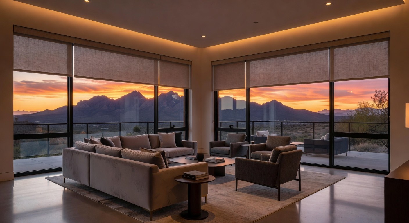 Living room at sunset with motorized shades lowered over walls of glass